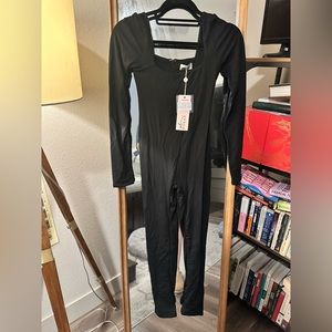 Oh Polly Petite Square Neck long Sleeve Jumpsuit in black